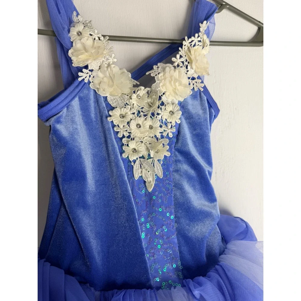 Weissman Blue Velvet Floral Lace Tutu Dance Costume Leotard Kids MC Performance